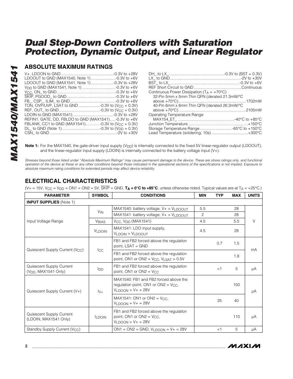 Absolute maximum ratings, Electrical characteristics | Rainbow Electronics MAX1541 User Manual | Page 2 / 49