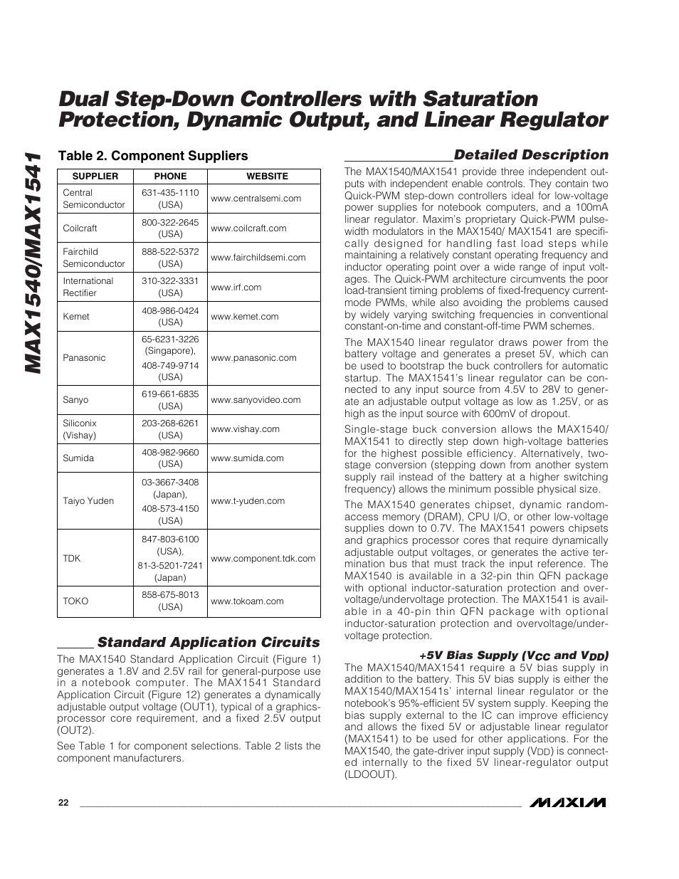 Standard application circuits, Detailed description, Table 2. component suppliers | Rainbow Electronics MAX1541 User Manual | Page 22 / 49