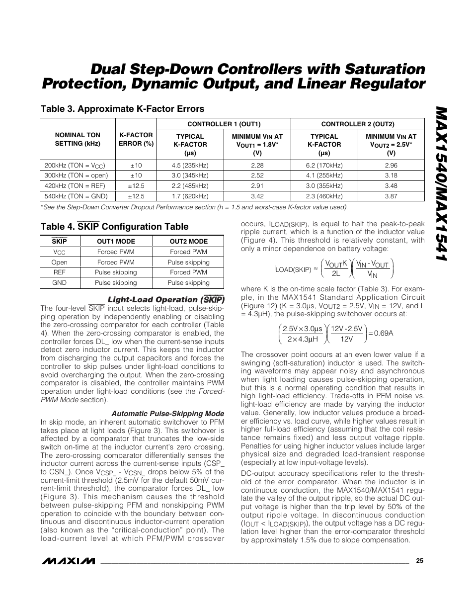 Table 3. approximate k-factor errors, Table 4. skip configuration table | Rainbow Electronics MAX1541 User Manual | Page 25 / 49