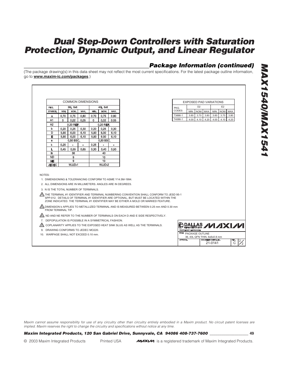 Package information (continued) | Rainbow Electronics MAX1541 User Manual | Page 49 / 49