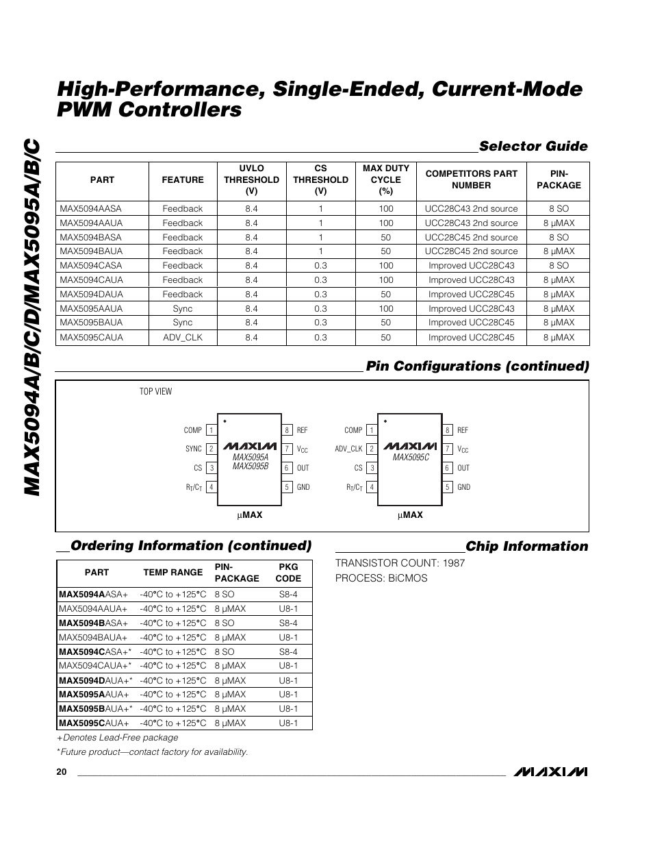 Chip information, Pin configurations (continued) selector guide, Ordering information (continued) | Rainbow Electronics MAX5095A User Manual | Page 20 / 22