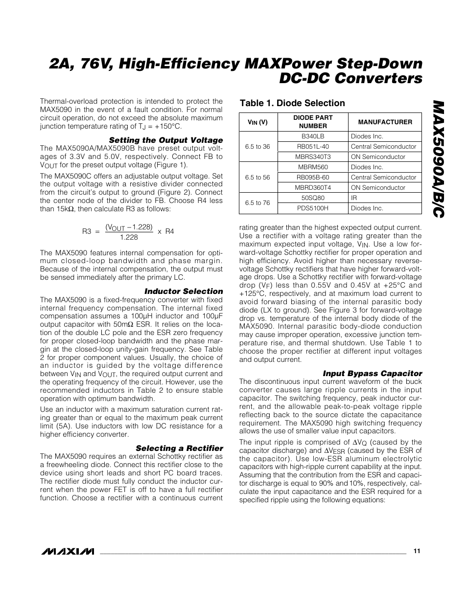 Table 1. diode selection | Rainbow Electronics MAX5090C User Manual | Page 11 / 17