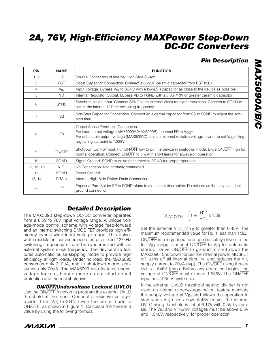 Pin description, Detailed description | Rainbow Electronics MAX5090C User Manual | Page 7 / 17