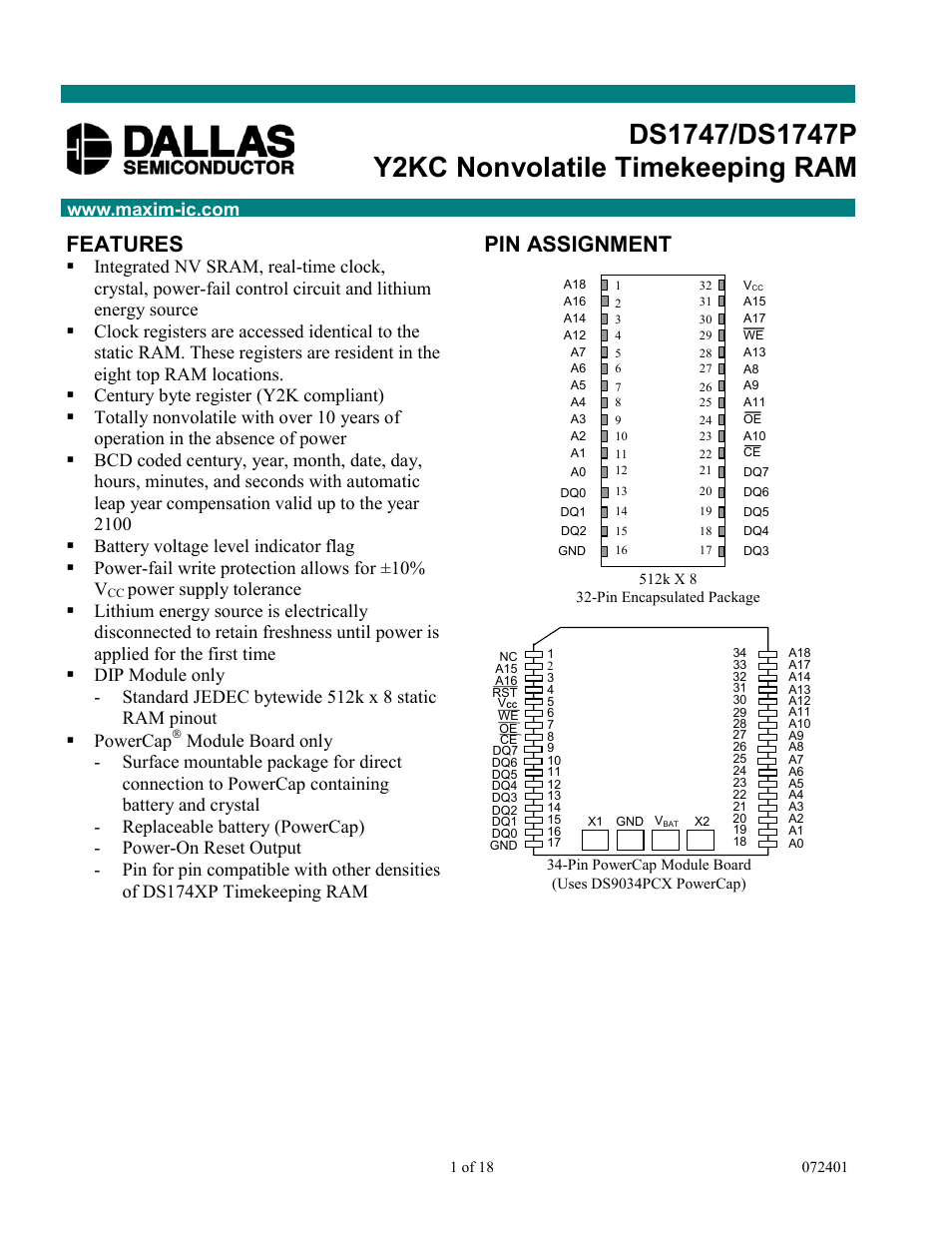 Rainbow Electronics DS1747P User Manual | 18 pages