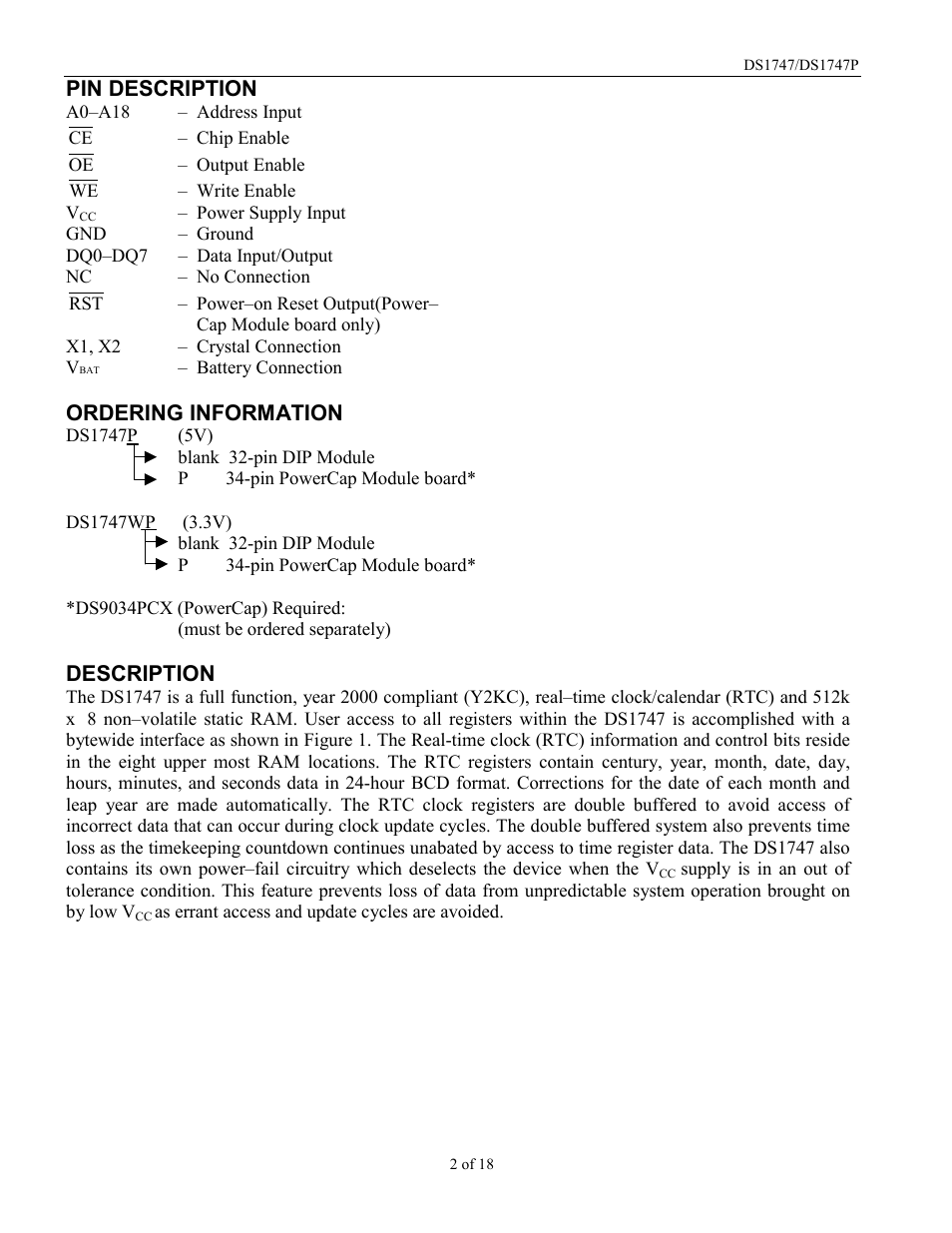 Pin description, Ordering information, Description | Rainbow Electronics DS1747P User Manual | Page 2 / 18