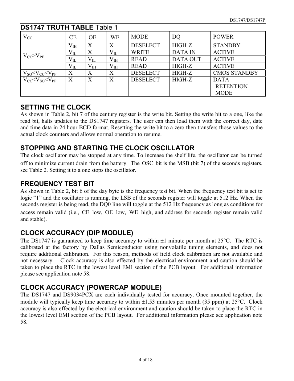 Setting the clock, Stopping and starting the clock oscillator, Frequency test bit | Clock accuracy (dip module), Clock accuracy (powercap module) | Rainbow Electronics DS1747P User Manual | Page 4 / 18