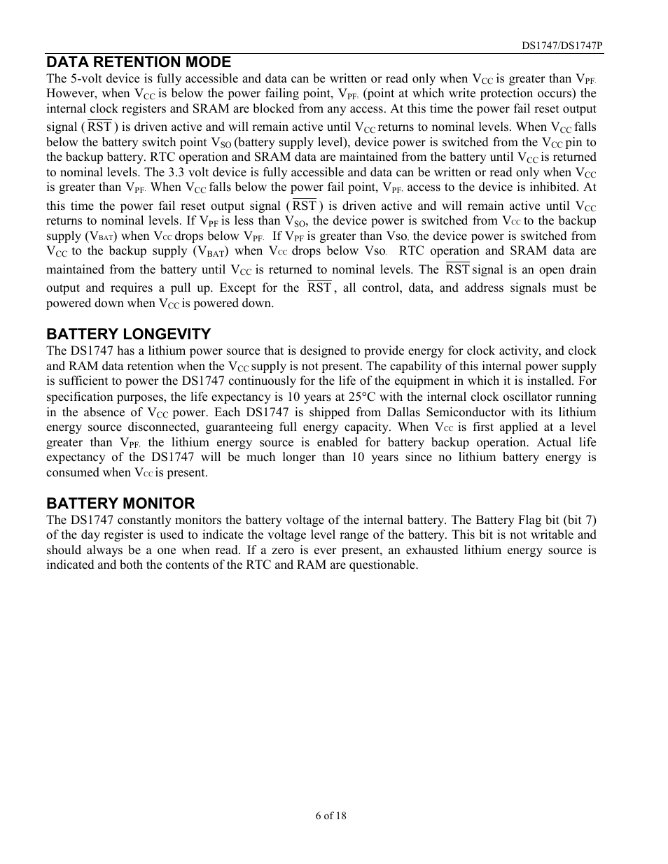 Data retention mode, Battery longevity, Battery monitor | Rainbow Electronics DS1747P User Manual | Page 6 / 18