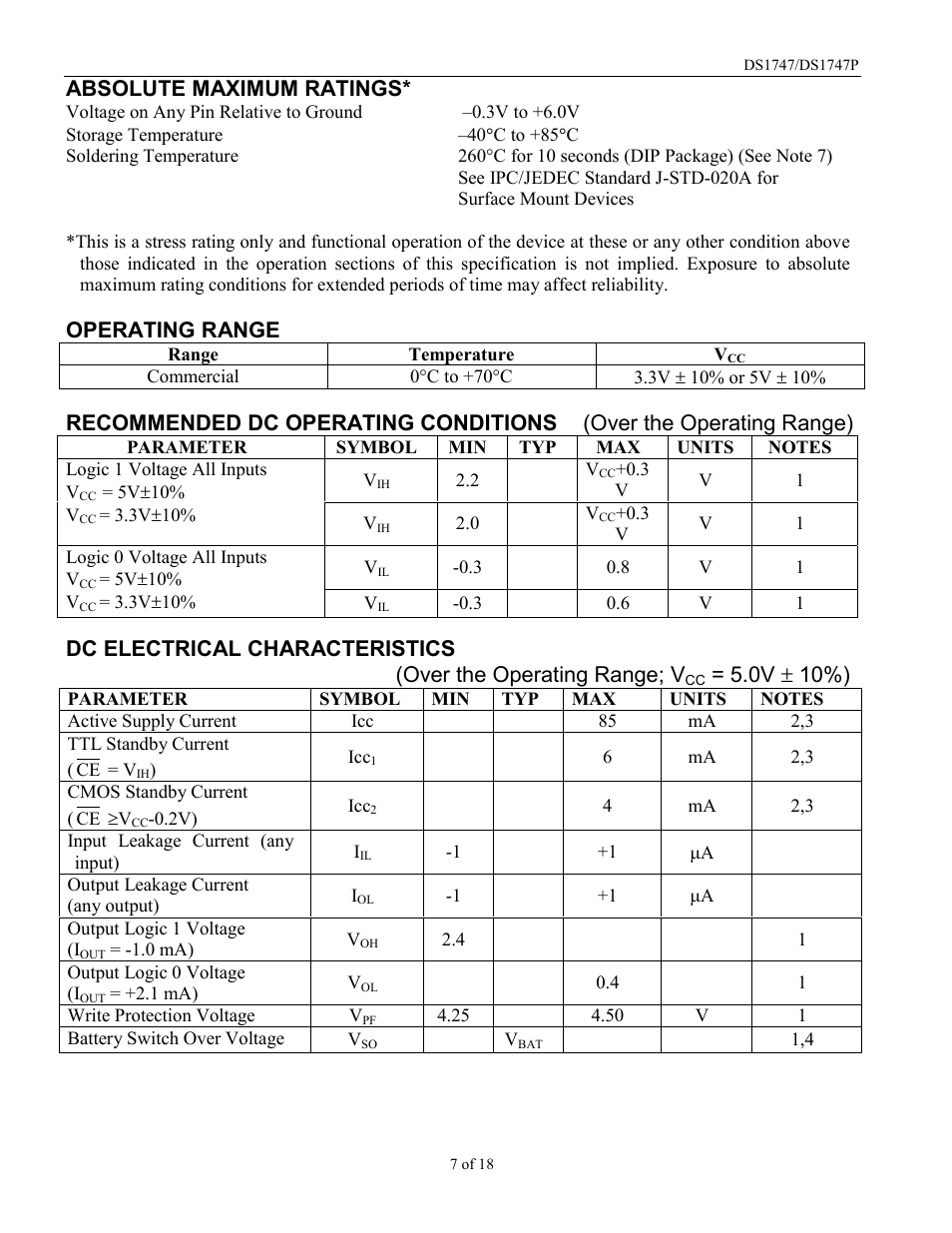Absolute maximum ratings, Operating range, Recommended dc operating conditions | Over the operating range), 0v ± 10%) | Rainbow Electronics DS1747P User Manual | Page 7 / 18