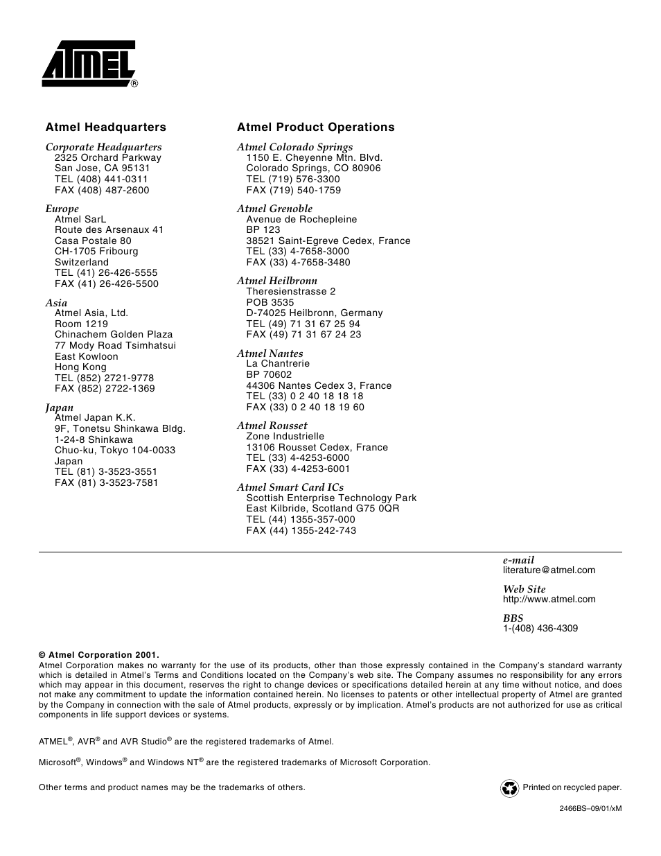 Atmel headquarters atmel product operations | Rainbow Electronics atmega16p User Manual | Page 14 / 14