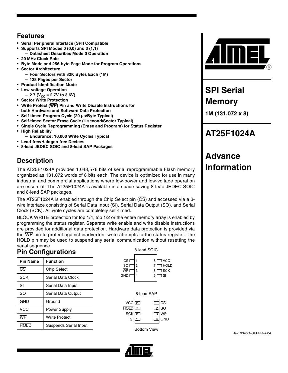 Rainbow Electronics AT25F1024A User Manual | 18 pages