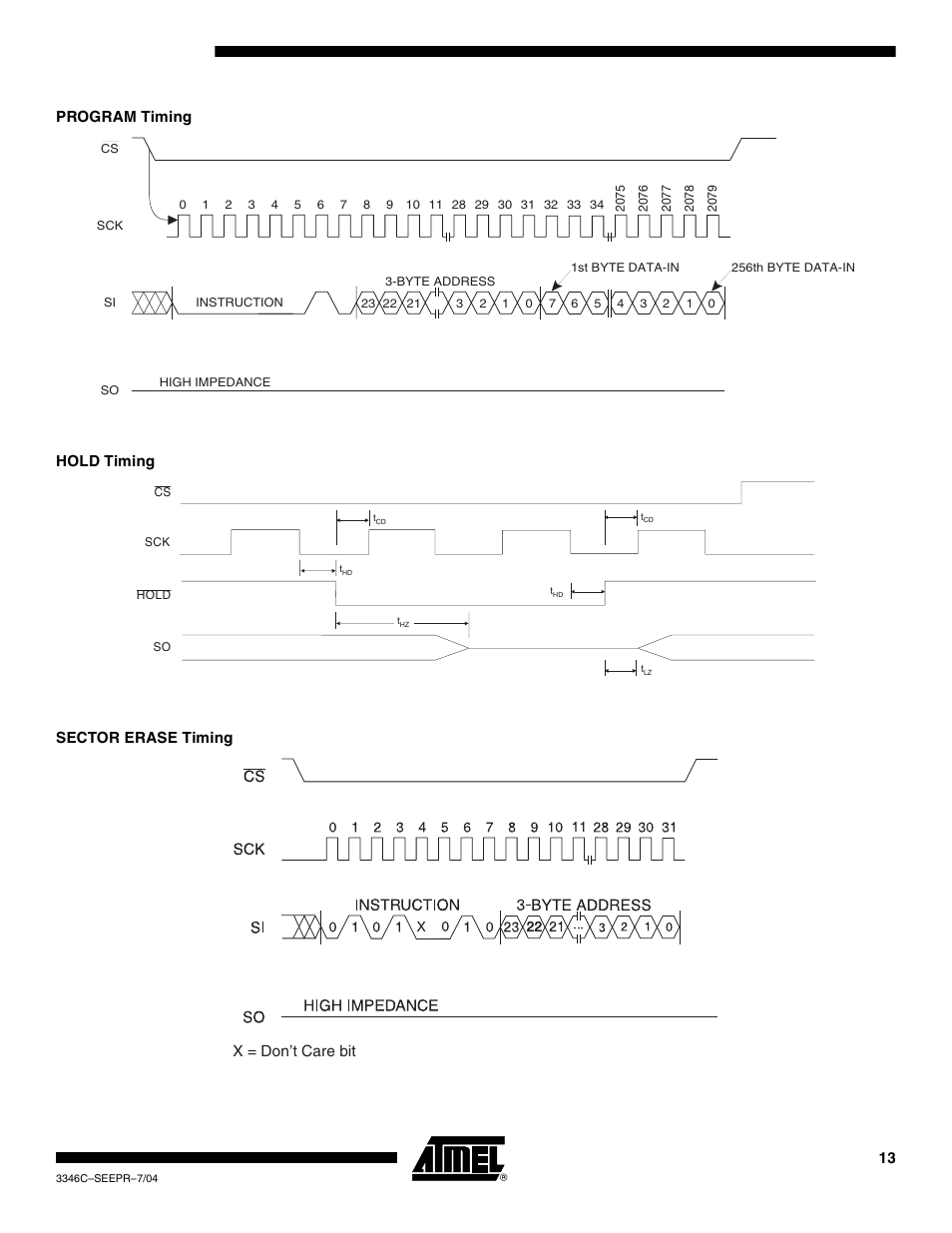 Program timing, Hold timing, Sector erase timing | Rainbow Electronics AT25F1024A User Manual | Page 13 / 18