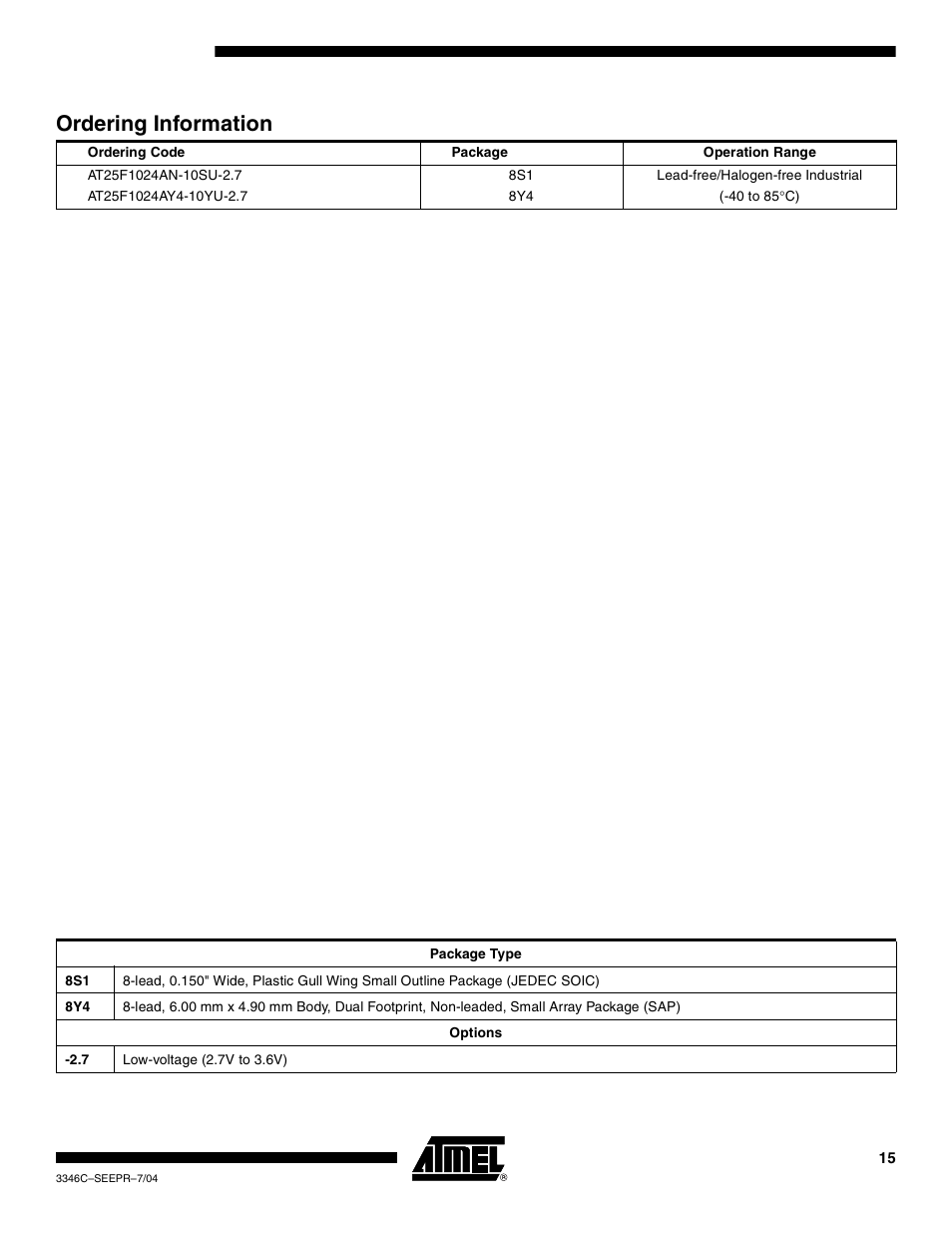 Ordering information | Rainbow Electronics AT25F1024A User Manual | Page 15 / 18