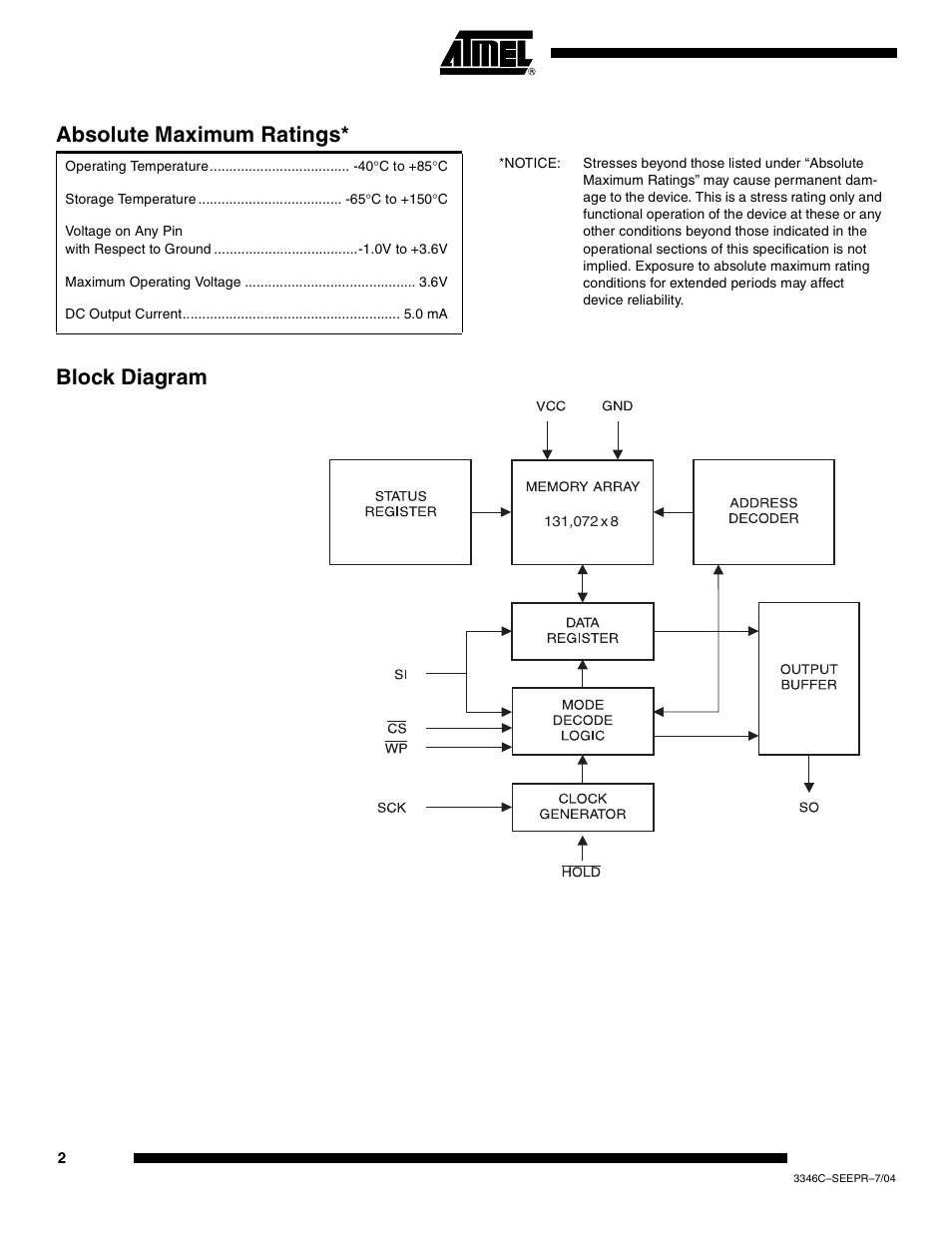 Block diagram, Absolute maximum ratings | Rainbow Electronics AT25F1024A User Manual | Page 2 / 18