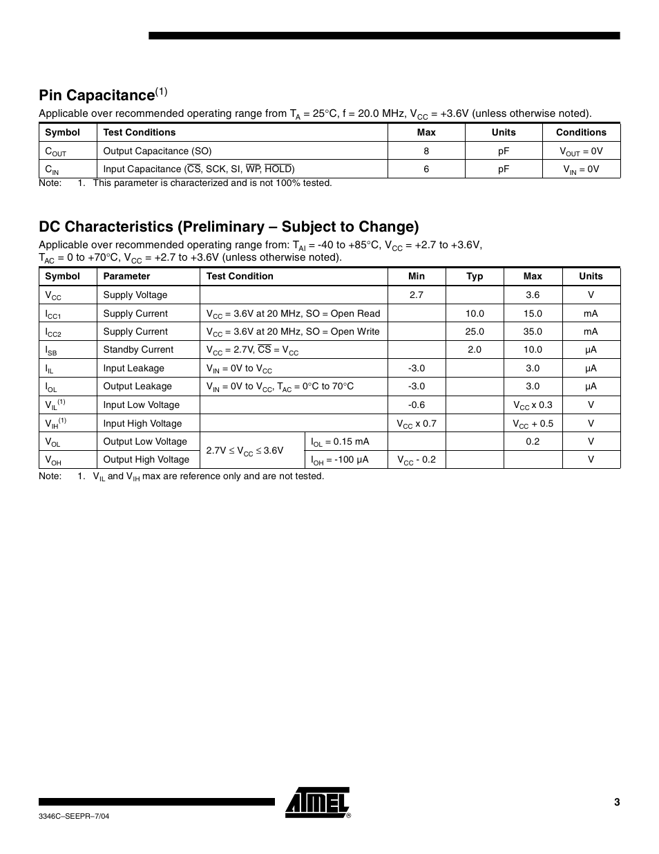 Pin capacitanc e | Rainbow Electronics AT25F1024A User Manual | Page 3 / 18