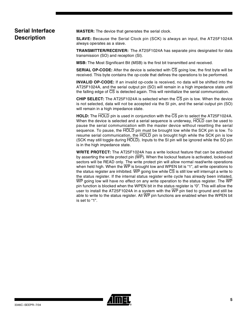 Serial interface description | Rainbow Electronics AT25F1024A User Manual | Page 5 / 18