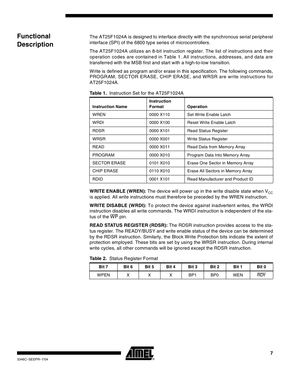 Functional description | Rainbow Electronics AT25F1024A User Manual | Page 7 / 18