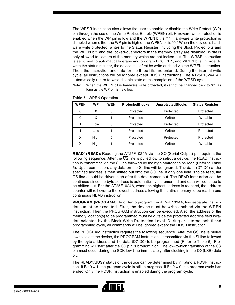 Ee table 5 | Rainbow Electronics AT25F1024A User Manual | Page 9 / 18