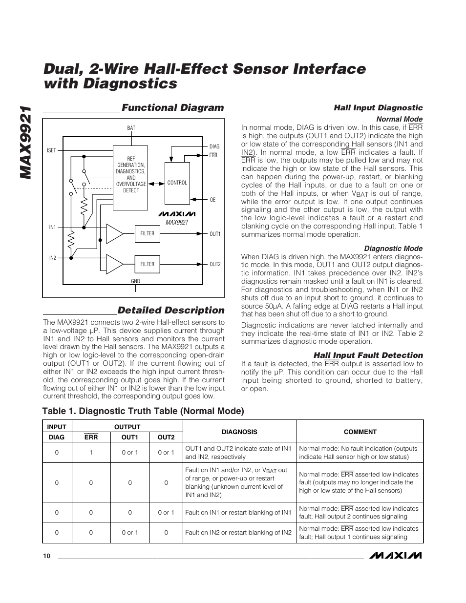 Detailed description, Functional diagram, Table 1. diagnostic truth table (normal mode) | Rainbow Electronics MAX9921 User Manual | Page 10 / 15