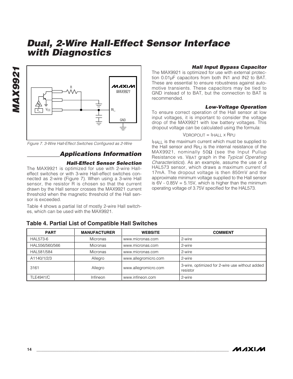 Applications information, Table 4. partial list of compatible hall switches | Rainbow Electronics MAX9921 User Manual | Page 14 / 15