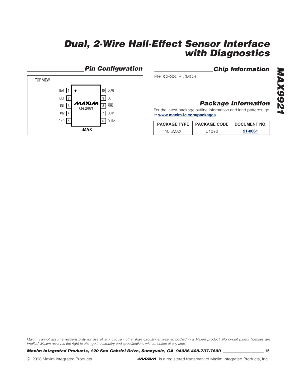 Chip information, Pin configuration, Package information | Rainbow Electronics MAX9921 User Manual | Page 15 / 15