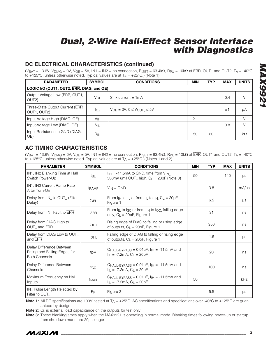 Ac timing characteristics, Dc electrical characteristics (continued) | Rainbow Electronics MAX9921 User Manual | Page 3 / 15