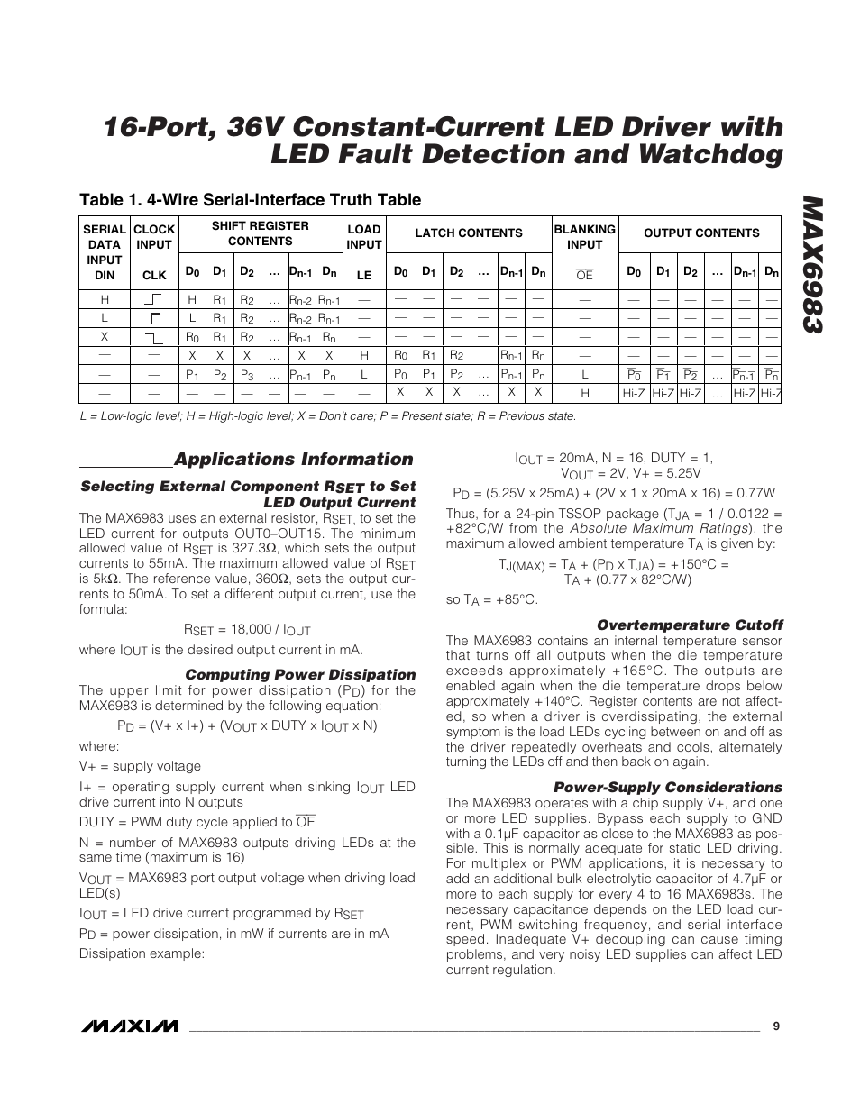 Applications information, Table 1. 4-wire serial-interface truth table | Rainbow Electronics MAX6983 User Manual | Page 9 / 12