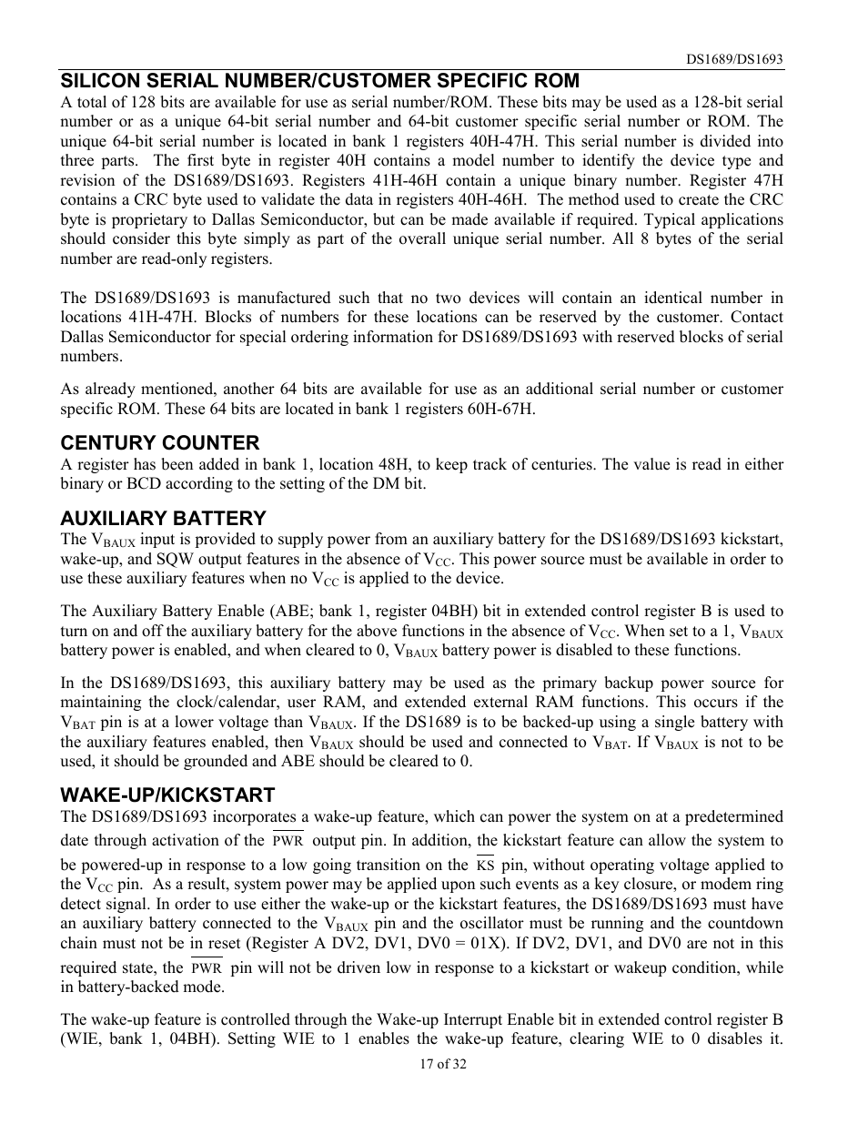 Silicon serial number/customer specific rom, Century counter, Auxiliary battery | Wake-up/kickstart | Rainbow Electronics DDS1693 User Manual | Page 17 / 32