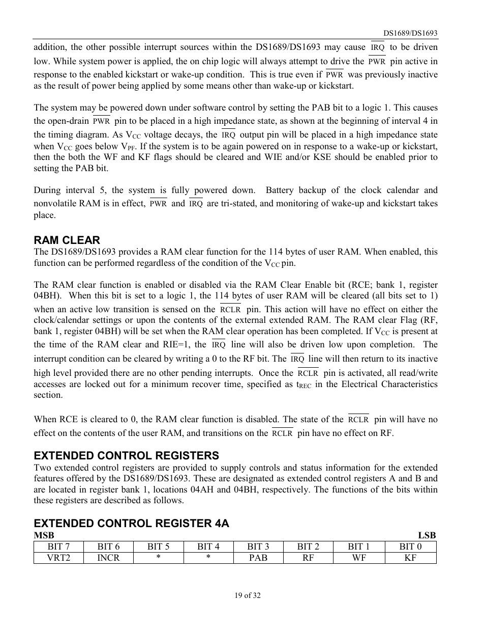 Ram clear, Extended control registers, Extended control register 4a | Rainbow Electronics DDS1693 User Manual | Page 19 / 32