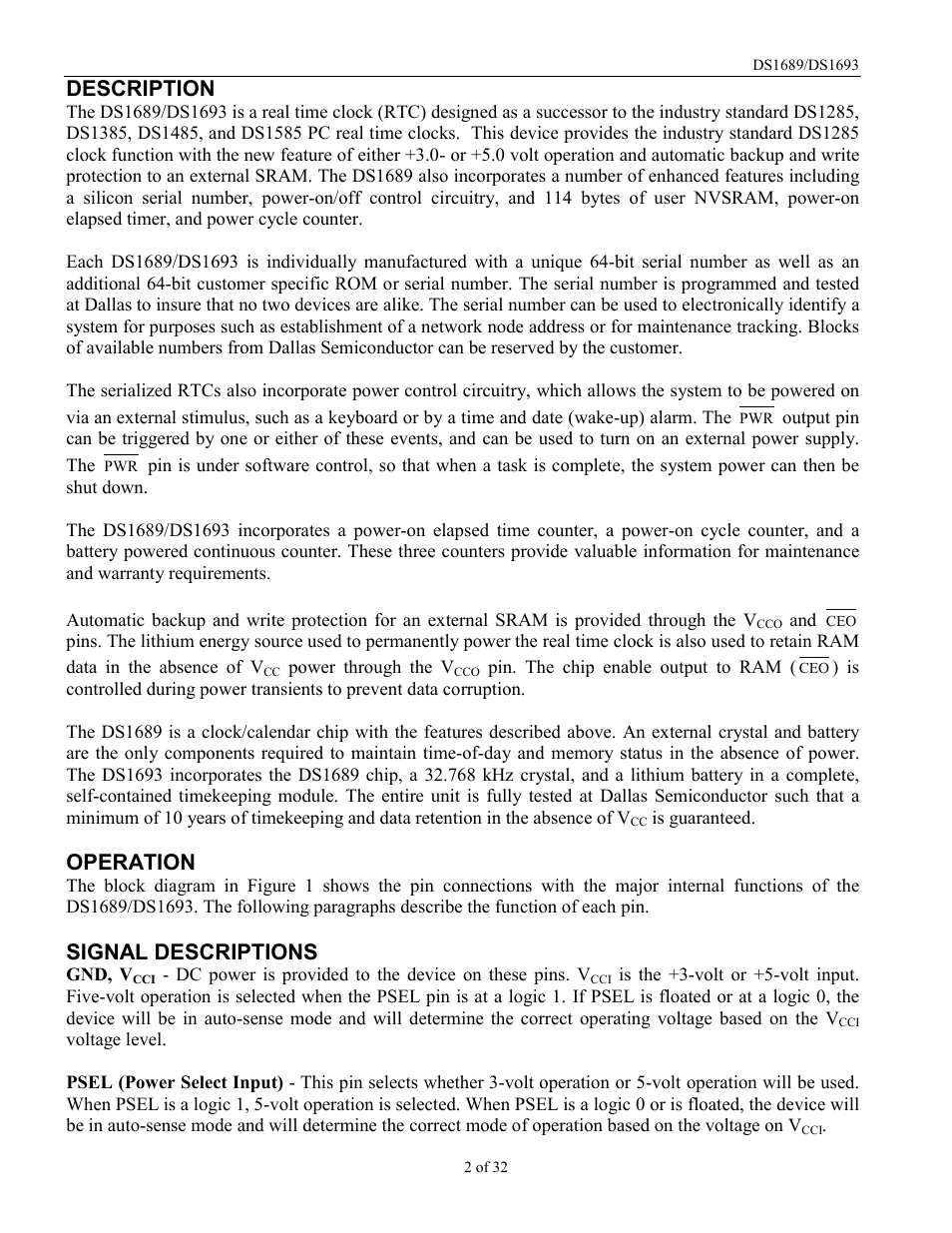 Description, Operation, Signal descriptions | Rainbow Electronics DDS1693 User Manual | Page 2 / 32