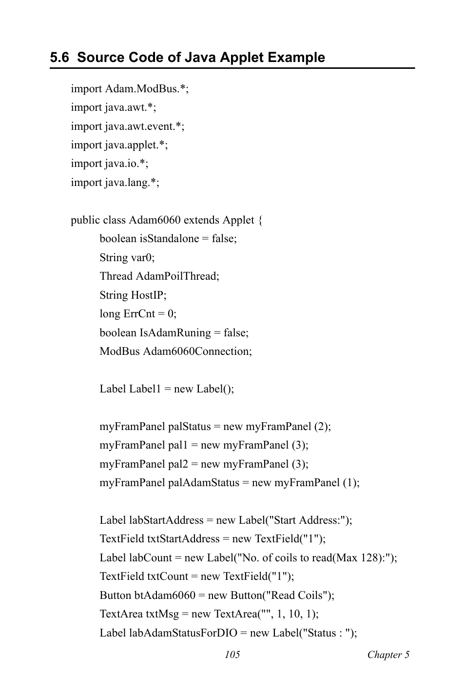 6 source code of java applet example, Source code of java applet example | B&B Electronics ADAM-6066 - Manual User Manual | Page 115 / 272