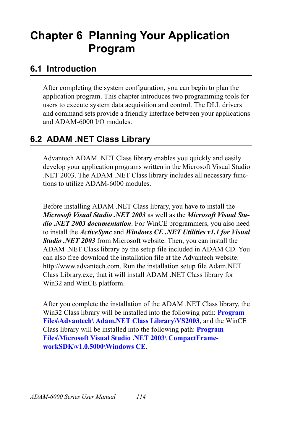 Chapter 6 planning your application program, 1 introduction, 2 adam .net class library | Chapter, 6 planning your application program, Introduction, Adam .net class library | B&B Electronics ADAM-6066 - Manual User Manual | Page 124 / 272