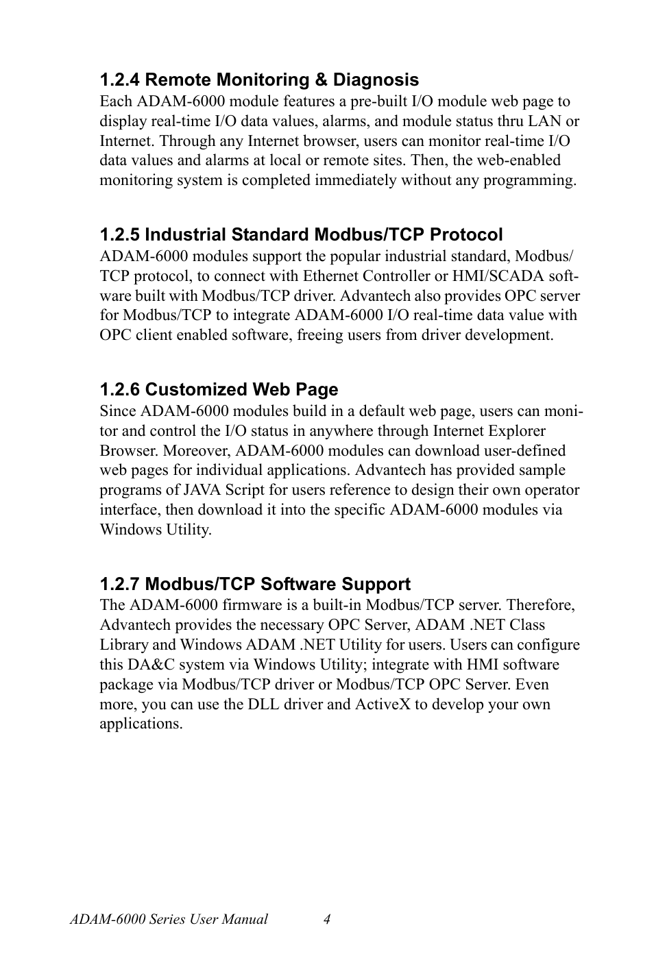 4 remote monitoring & diagnosis, 5 industrial standard modbus/tcp protocol, 7 modbus/tcp software support | Remote monitoring & diagnosis, Industrial standard modbus/tcp protocol, Modbus/tcp software support | B&B Electronics ADAM-6066 - Manual User Manual | Page 14 / 272