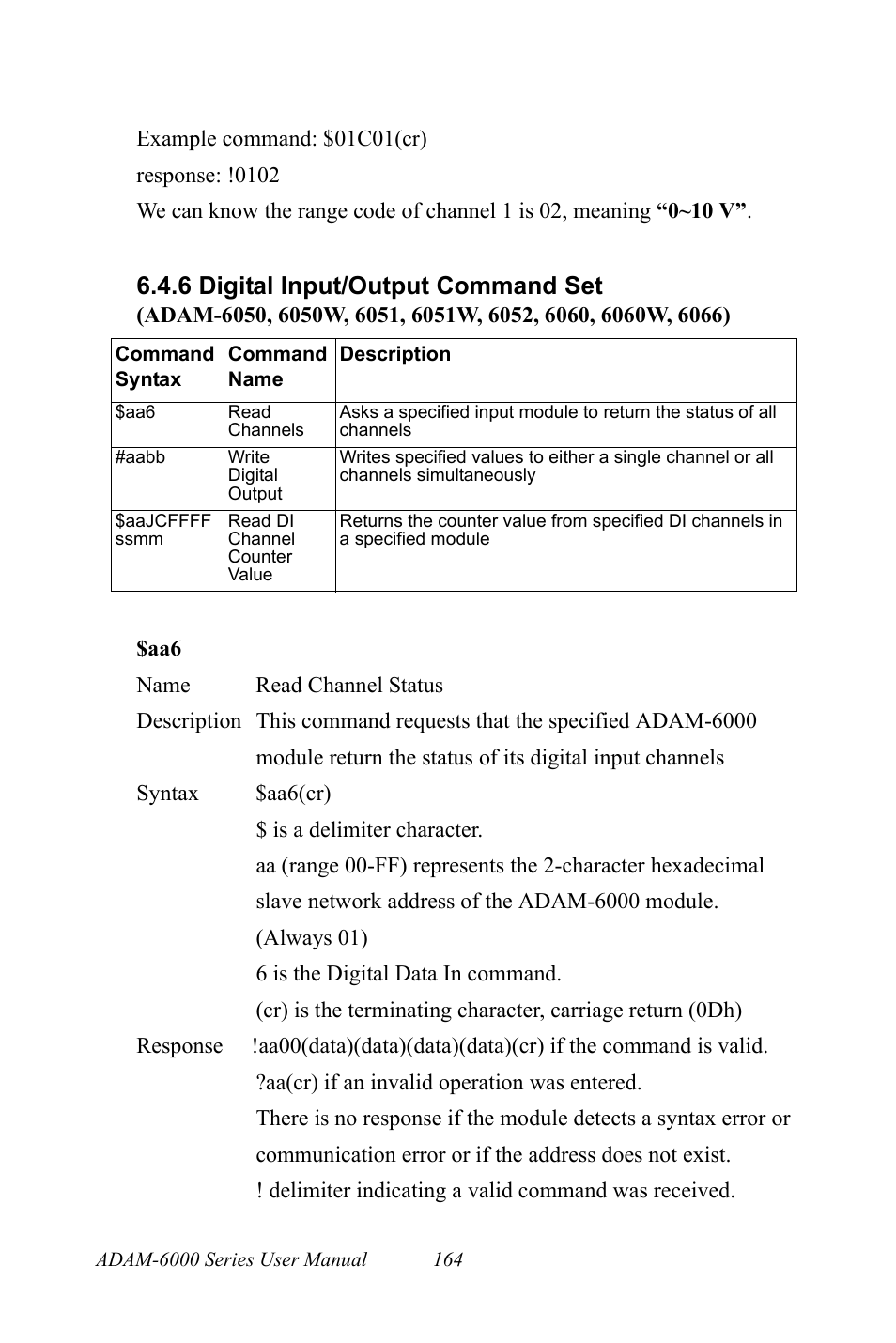 6 digital input/output command set, Digital input/output command set | B&B Electronics ADAM-6066 - Manual User Manual | Page 174 / 272