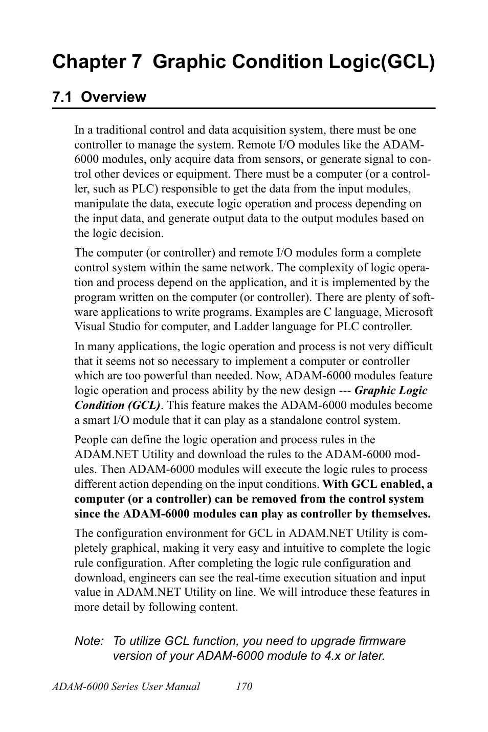 Chapter 7 graphic condition logic(gcl), 1 overview, Chapter | 7 graphic condition logic(gcl), Overview | B&B Electronics ADAM-6066 - Manual User Manual | Page 180 / 272