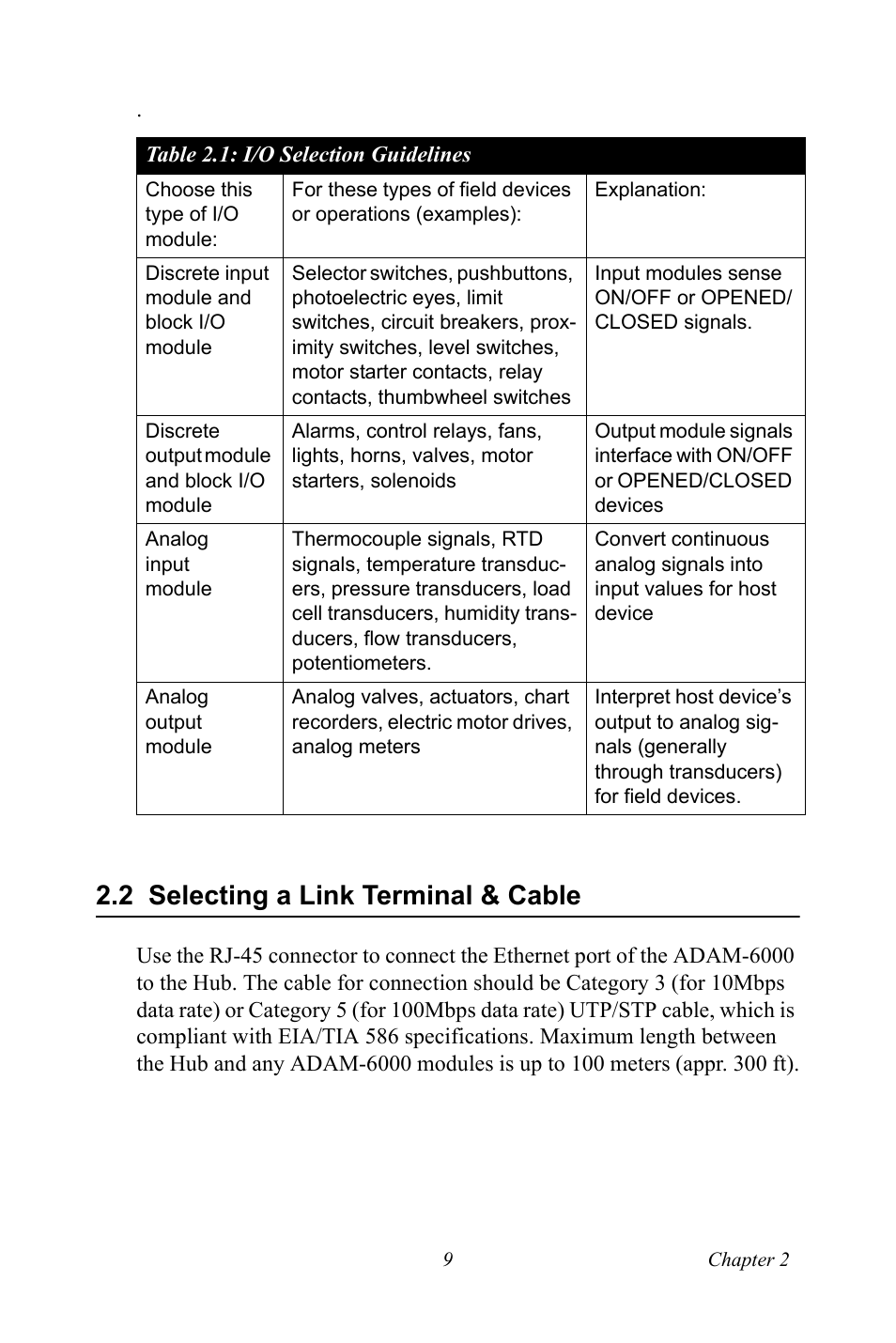 I/o selection guidelines, 2 selecting a link terminal & cable, Table 2.1:i/o selection guidelines | Selecting a link terminal & cable | B&B Electronics ADAM-6066 - Manual User Manual | Page 19 / 272