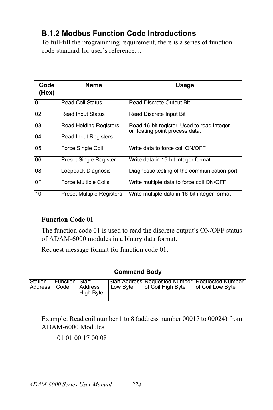 B.1.2 modbus function code introductions, Response comment structure, Table b.1:response comment structure | B&B Electronics ADAM-6066 - Manual User Manual | Page 234 / 272
