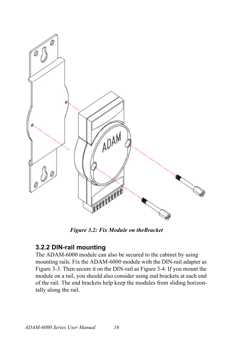 Figure 3.2: fix module on thebracket, 2 din-rail mounting, Figure 3.2:fix module on thebracket | Din-rail mounting | B&B Electronics ADAM-6066 - Manual User Manual | Page 26 / 272