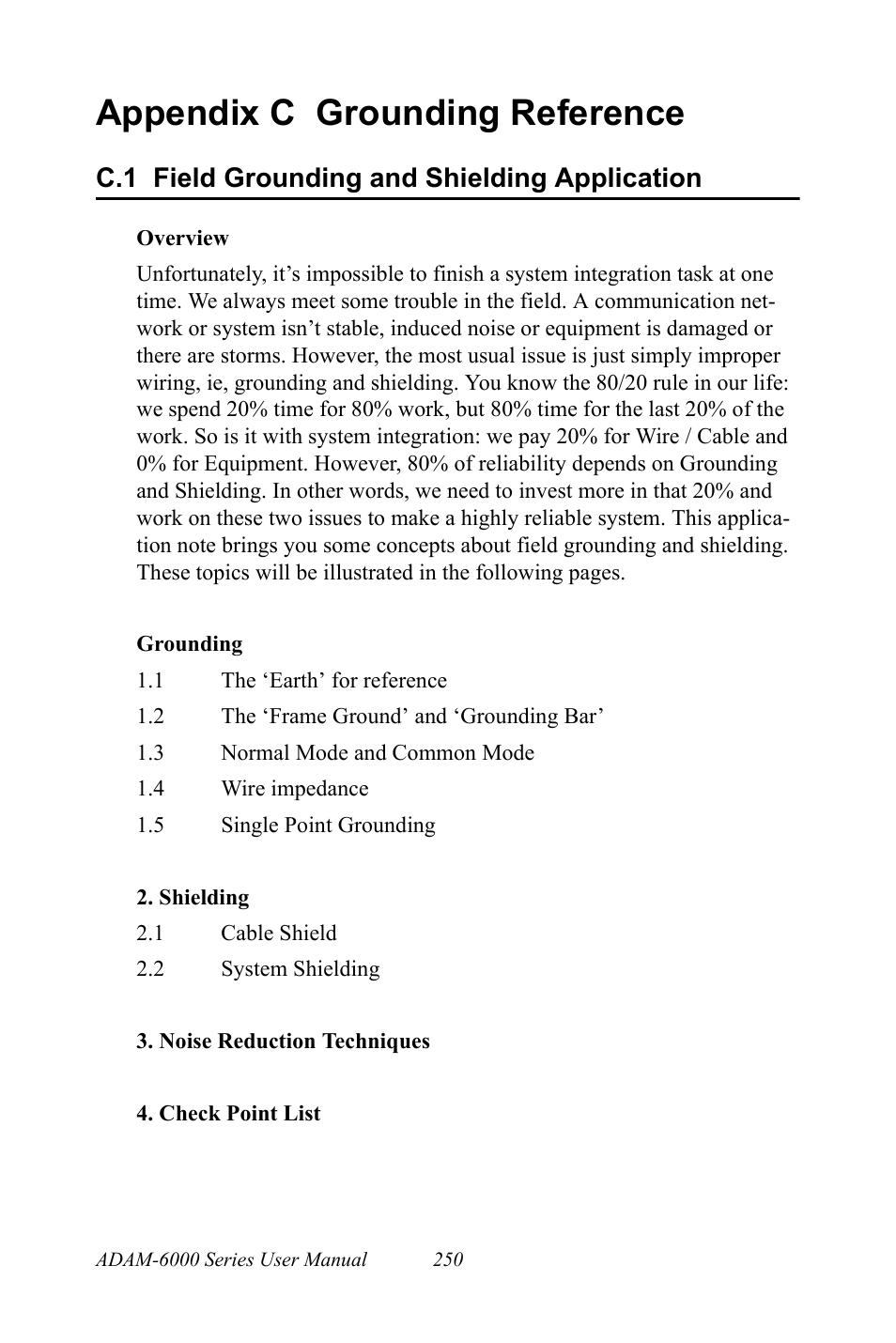 Appendix c grounding reference, C.1 field grounding and shielding application, Field grounding and shielding application | B&B Electronics ADAM-6066 - Manual User Manual | Page 260 / 272