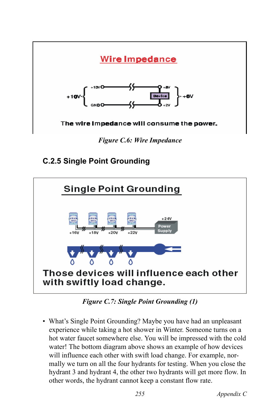 Figure c.6: wire impedance, C.2.5 single point grounding, Figure c.7: single point grounding (1) | Figure c.6:wire impedance, Figure c.7:single point grounding (1) | B&B Electronics ADAM-6066 - Manual User Manual | Page 265 / 272
