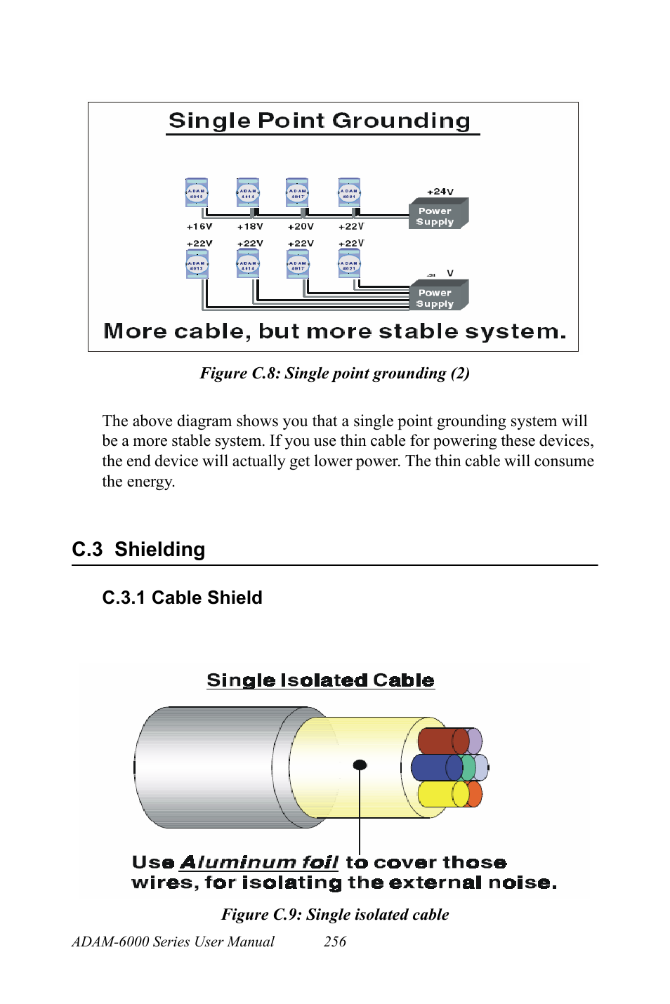 Figure c.8: single point grounding (2), C.3 shielding, C.3.1 cable shield | Figure c.9: single isolated cable, Figure c.8:single point grounding (2), Shielding, Figure c.9:single isolated cable | B&B Electronics ADAM-6066 - Manual User Manual | Page 266 / 272