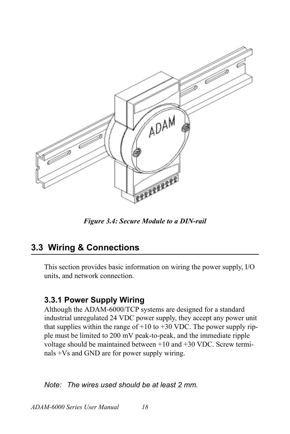 Figure 3.4: secure module to a din-rail, 3 wiring & connections, 1 power supply wiring | Figure 3.4:secure module to a din-rail, Wiring & connections, Power supply wiring | B&B Electronics ADAM-6066 - Manual User Manual | Page 28 / 272