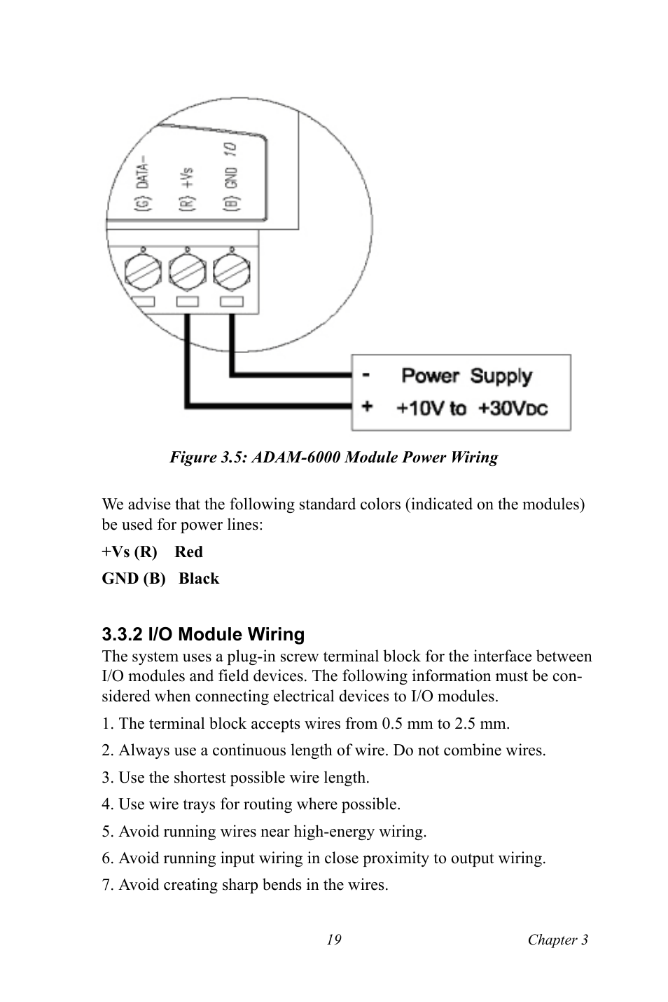 Figure 3.5: adam-6000 module power wiring, 2 i/o module wiring, Figure 3.5:adam-6000 module power wiring | I/o module wiring | B&B Electronics ADAM-6066 - Manual User Manual | Page 29 / 272