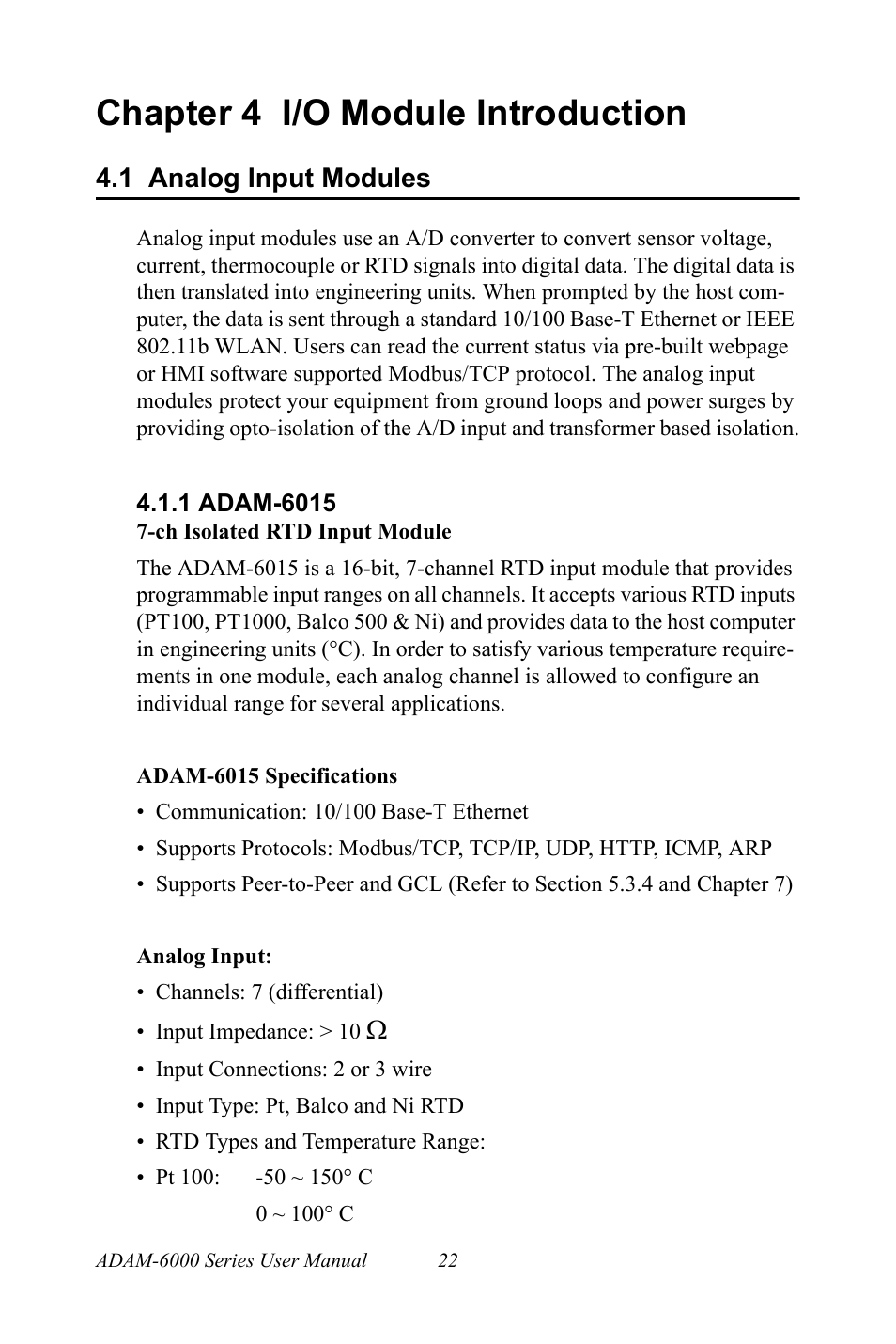 Chapter 4 i/o module introduction, 1 analog input modules, 1 adam-6015 | Chapter, 4 i/o module introduction, Analog input modules, Adam-6015 | B&B Electronics ADAM-6066 - Manual User Manual | Page 32 / 272