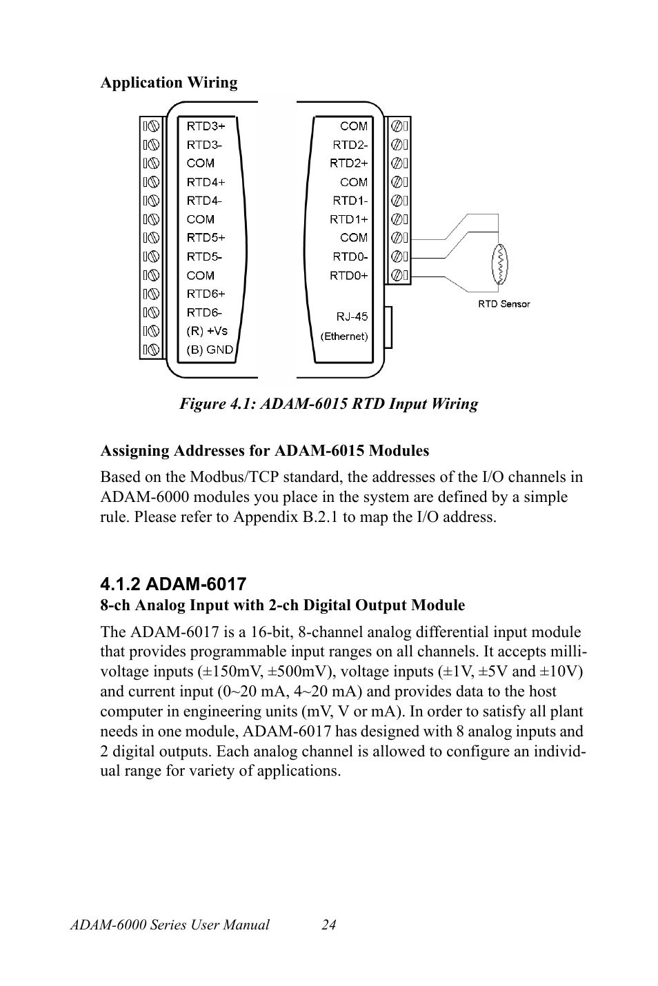 Figure 4.1: adam-6015 rtd input wiring, 2 adam-6017, Figure 4.1:adam-6015 rtd input wiring | Adam-6017 | B&B Electronics ADAM-6066 - Manual User Manual | Page 34 / 272