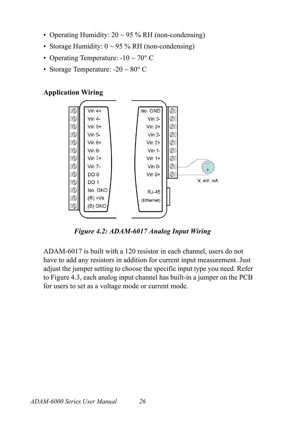 Figure 4.2: adam-6017 analog input wiring, Figure 4.2:adam-6017 analog input wiring | B&B Electronics ADAM-6066 - Manual User Manual | Page 36 / 272