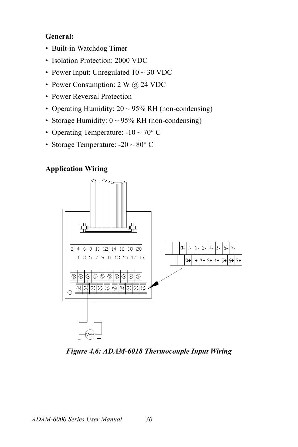 Figure 4.6: adam-6018 thermocouple input wiring, Figure 4.6:adam-6018 thermocouple input wiring 30 | B&B Electronics ADAM-6066 - Manual User Manual | Page 40 / 272