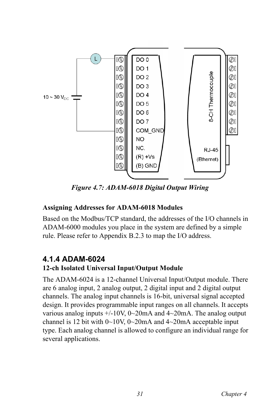 Figure 4.7: adam-6018 digital output wiring, 4 adam-6024, Figure 4.7:adam-6018 digital output wiring | Adam-6024 | B&B Electronics ADAM-6066 - Manual User Manual | Page 41 / 272