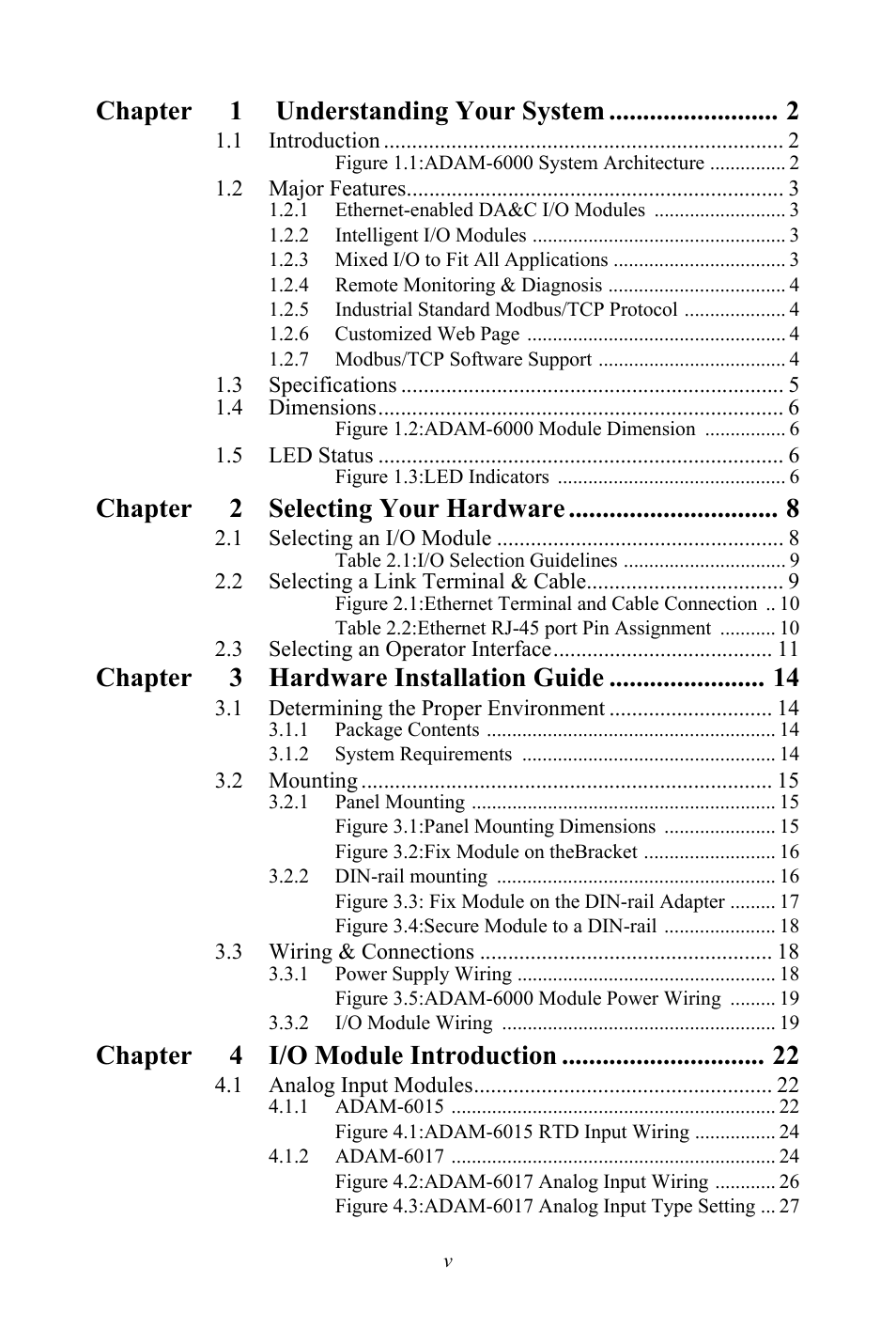 Chapter 1 understanding your system, Chapter 2 selecting your hardware, Chapter 3 hardware installation guide | Chapter 4 i/o module introduction | B&B Electronics ADAM-6066 - Manual User Manual | Page 5 / 272