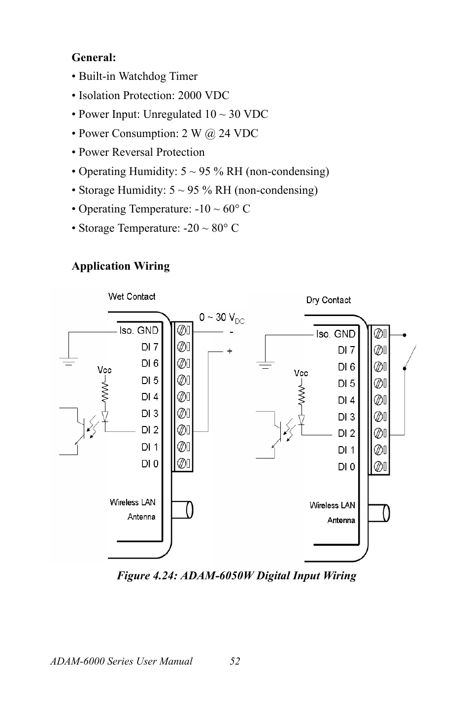 Figure 4.24: adam-6050w digital input wiring, Figure 4.24:adam-6050w digital input wiring | B&B Electronics ADAM-6066 - Manual User Manual | Page 62 / 272