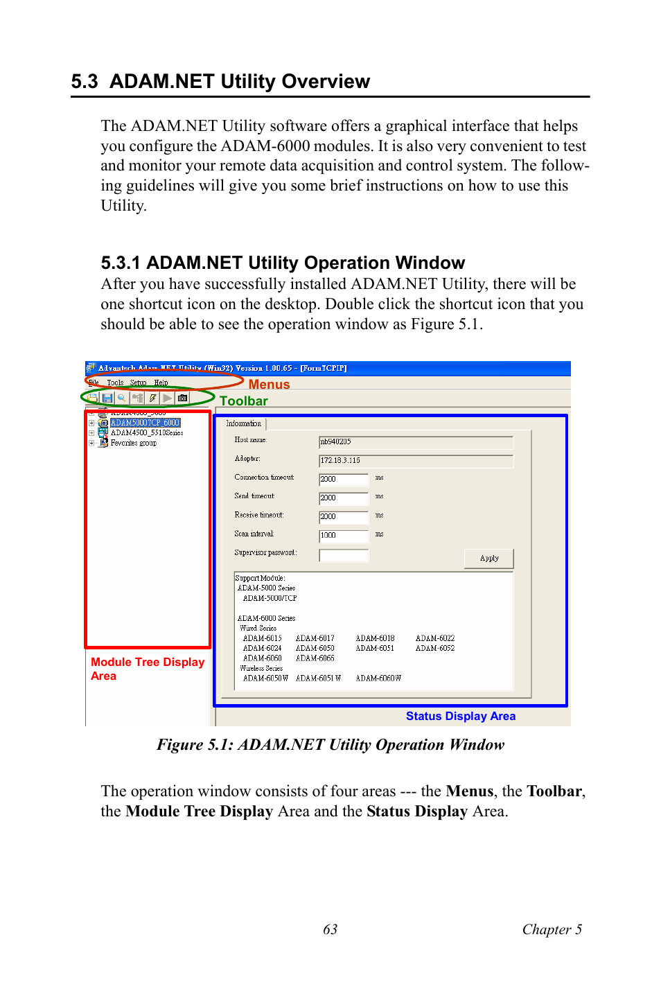 3 adam.net utility overview, 1 adam.net utility operation window, Figure 5.1: adam.net utility operation window | Adam.net utility overview, Adam.net utility operation window, Figure 5.1:adam.net utility operation window | B&B Electronics ADAM-6066 - Manual User Manual | Page 73 / 272